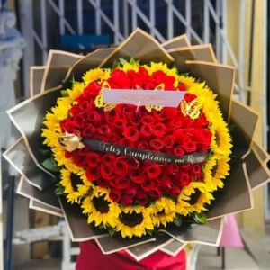 Bouquet de rosas y girasoles