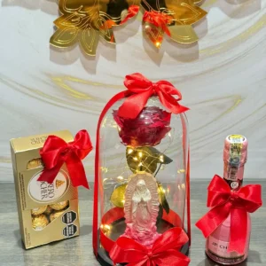 Rosa preservada con caja de chocolates Ferrero Rocher y botella de champagne JP Chenet