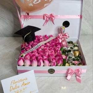 Caja de rosas, fresas con chocolate, JP Chenet y globos con helio
